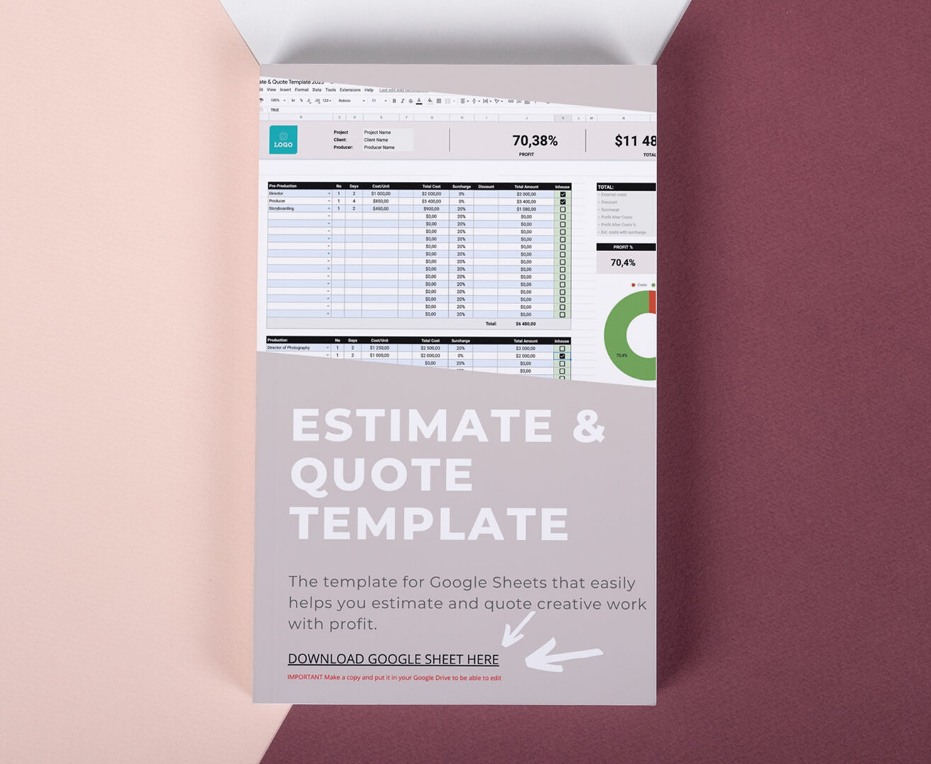 Screenshot of Quote Template Pro in Google Sheets: A sleek and professional-looking template for creating automatic quotes, featuring customizable fields for client information, project details, itemized costs, and total calculations. The template includes a branded header with logo, clearly defined sections for easy navigation, and built-in formulas for accurate and efficient budgeting.